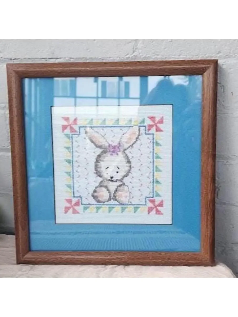 Vintage Framed Bunny Cross Stitch | Nursery Decor